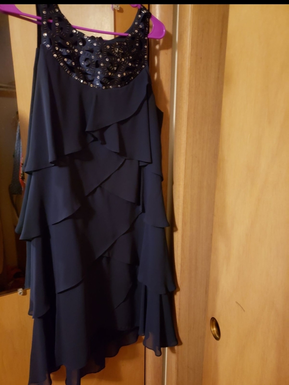SL Fashions Navy Layered Chiffon Midi Dress with Beaded Yoke